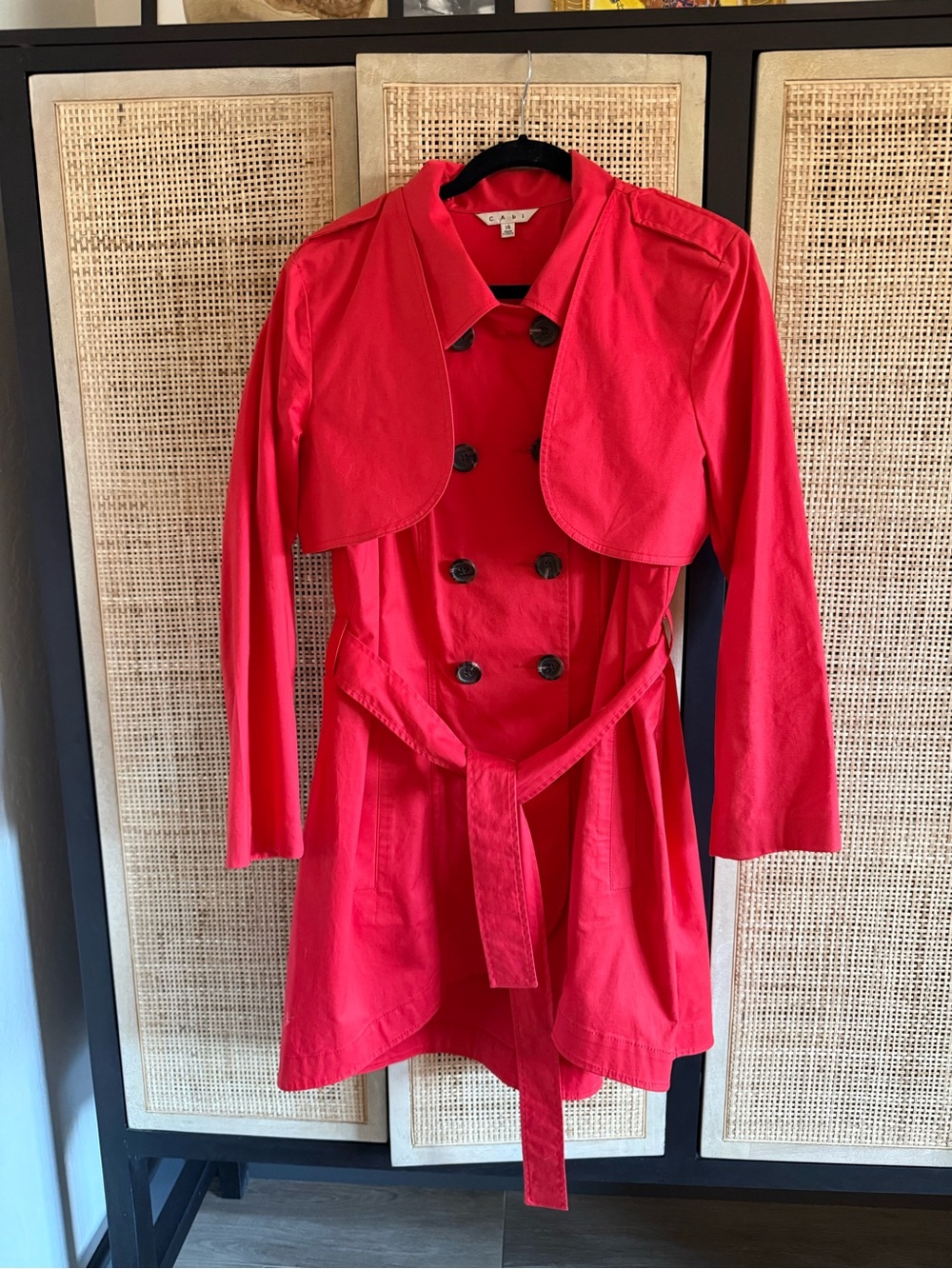 CAbi Vibrant Orange/Red Double-Breasted Trench with Belt